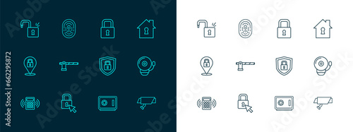 Set line House under protection, Lock, Shield security with lock, Safe, Parking car barrier, Open padlock and Fingerprint icon. Vector