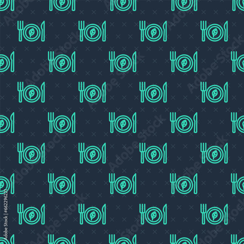 Green line Vegan food diet icon isolated seamless pattern on blue background. Organic, bio, eco symbol. Vegan, no meat, lactose free, healthy, fresh and nonviolent food. Vector