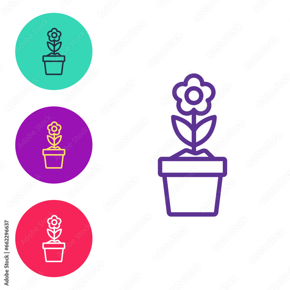 Set line Flower in pot icon isolated on white background. Plant growing in a pot. Potted plant sign. Set icons colorful. Vector Set line Flower in pot icon isolated on white background. Plant growing in a pot. Potted plant sign. Set icons colorful. Vector