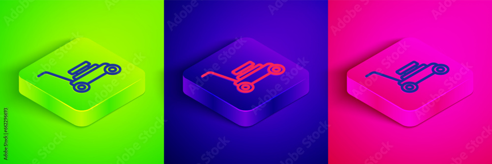 Isometric line Lawn mower icon isolated on green, blue and pink background. Lawn mower cutting grass. Square button. Vector Isometric line Lawn mower icon isolated on green, blue and pink background. Lawn mower cutting grass. Square button. Vector