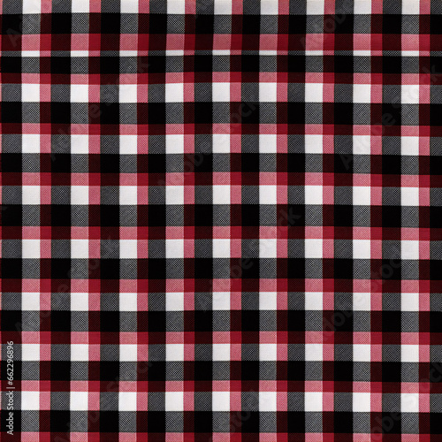 Red and black textured checkered background. Shirt fabric with a checkered pattern. The texture of the fabric.