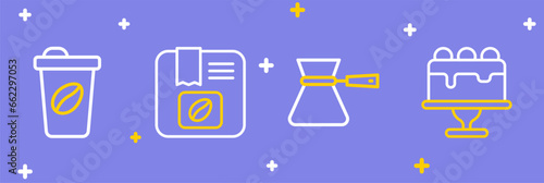 Set line Cake, Coffee turk, Bag coffee beans and cup to go icon. Vector