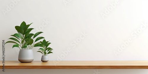 Minimalist living. White infused interior space. Nature touch. Modern wooden table with elegance and life. Contemporary comfort. Empty well lit room with green botanical vibes © Thares2020