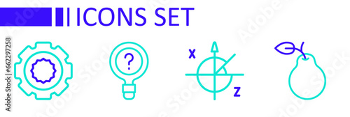 Set line Pear, Trigonometric circle, Unknown search and Gear icon. Vector