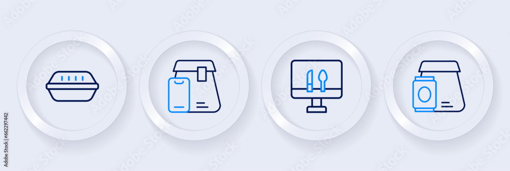 Set line Online ordering food, and Lunch box icon. Vector Set line Online ordering food, and Lunch box icon. Vector