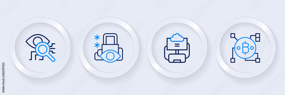 Set line Blockchain technology Bitcoin, Cloud database, Cyber security and Eye scan icon. Vector Set line Blockchain technology Bitcoin, Cloud database, Cyber security and Eye scan icon. Vector