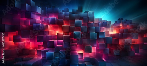 Gradient and lilac blocks with neon lines and glowing background futuristic illustration abstract 3d geometric shapes, cyberspace technology concept business web design Generative AI © merabbi