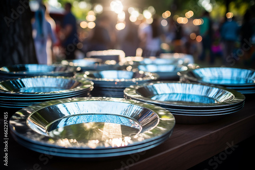 The close up detail of silver metallic trays or dishes lined up neatly on an outdoor wooden table for a garden party  blurry background. Generative AI.