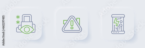 Set line Cryogenic capsules, Exclamation mark in triangle and Cyber security icon. Vector