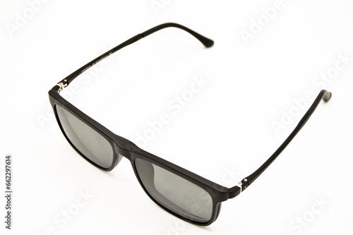 Modern black framed plastic reading glasses, glasses isolated on white background