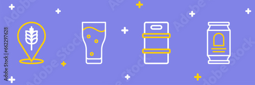 Set line Beer can, Metal beer keg, Glass of and Wheat icon. Vector