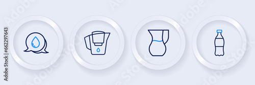 Set line Bottle of water, Jug glass with, Water jug filter and drop speech bubbles icon. Vector