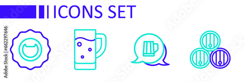 Set line Wooden barrel, beer mug, Glass of and Bottle opener icon. Vector