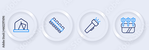Set line Quiver with arrows, Flashlight, Hunting cartridge belt and Tourist tent icon. Vector