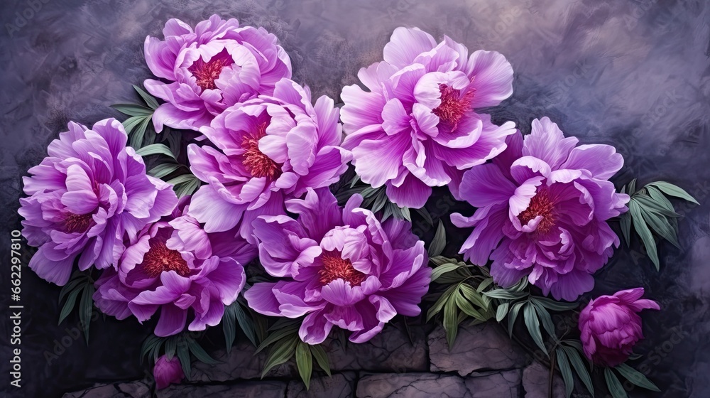  a painting of pink flowers on a stone wall with leaves.  generative ai
