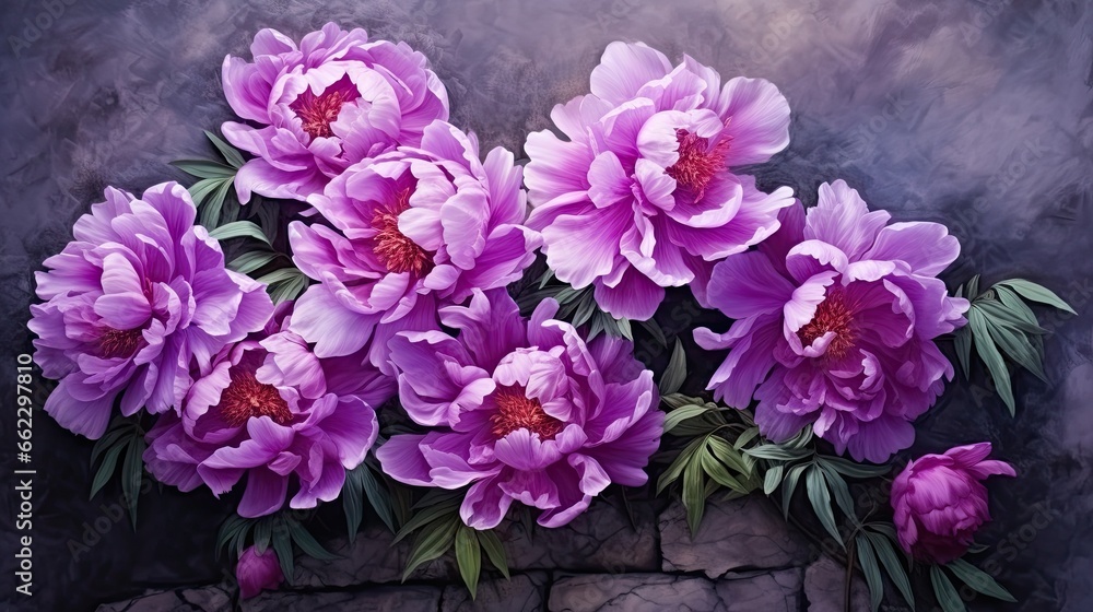 a painting of pink flowers on a stone wall with leaves. generative ai a painting of pink flowers on a stone wall with leaves. generative ai
