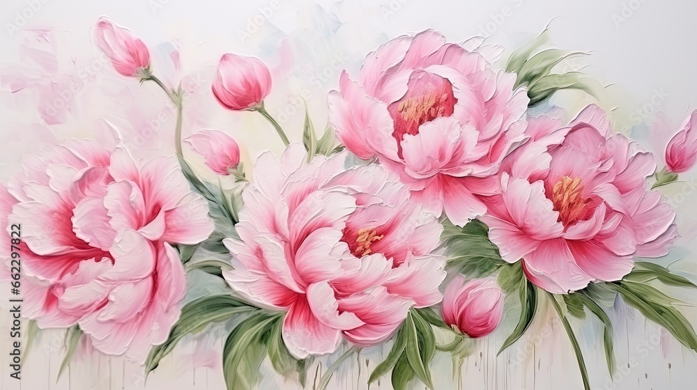  a painting of pink flowers on a white background with green leaves.  generative ai