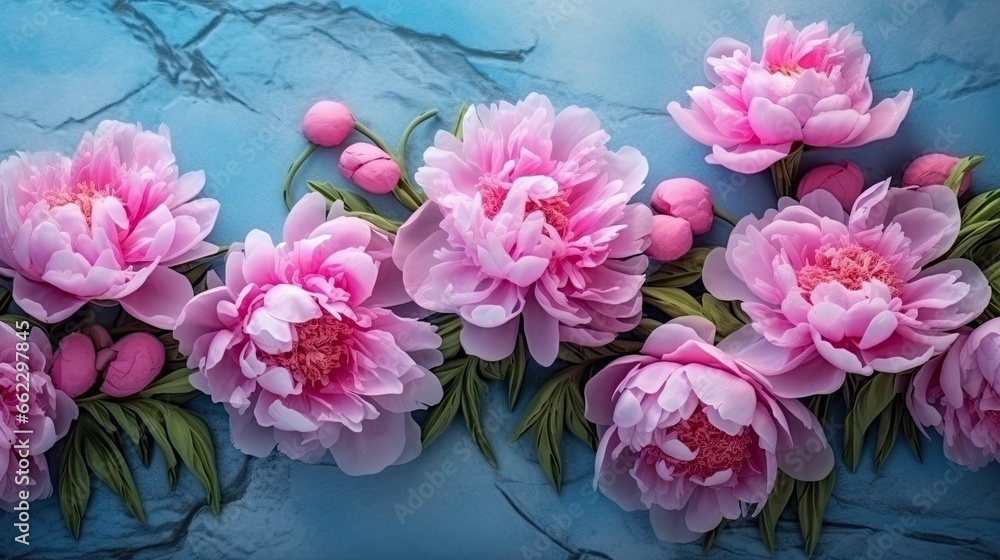 a group of pink flowers on a blue background with green leaves. generative ai a group of pink flowers on a blue background with green leaves. generative ai