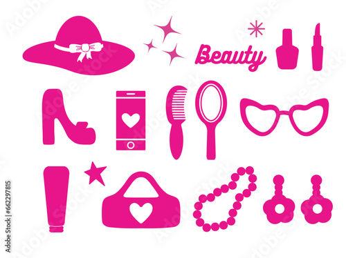 Popular pink collection for girls. a heart, a daisy, a hat, a shoe, a butterfly, a star, tree . logo, sticker, isolated element on a white background. for print, banner, postcards. art vector. barbie 