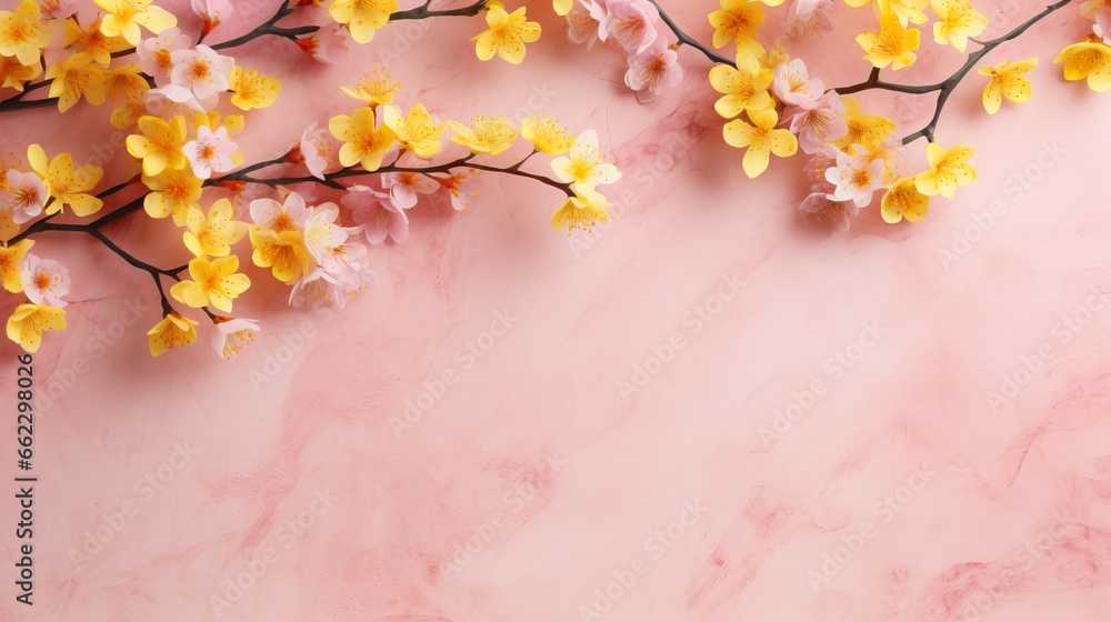 a pink marble background with yellow and pink flowers on it. generative ai a pink marble background with yellow and pink flowers on it. generative ai