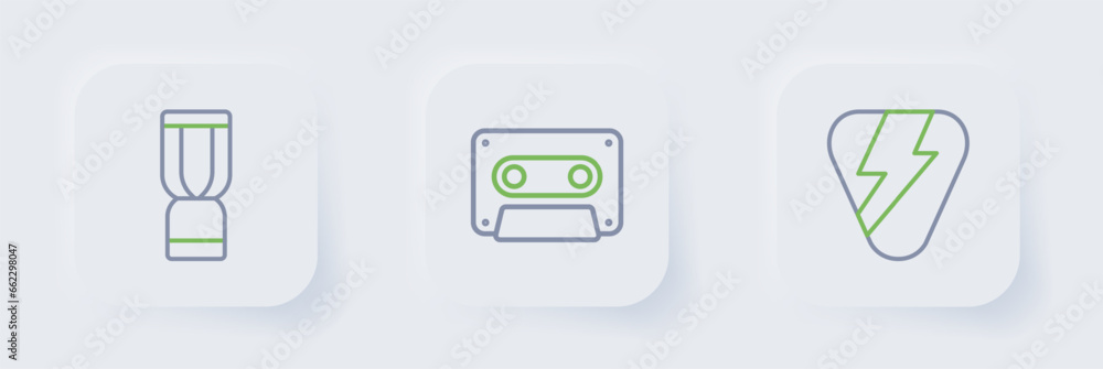 Set line Guitar pick, Retro audio cassette tape and African djembe drum icon. Vector Set line Guitar pick, Retro audio cassette tape and African djembe drum icon. Vector