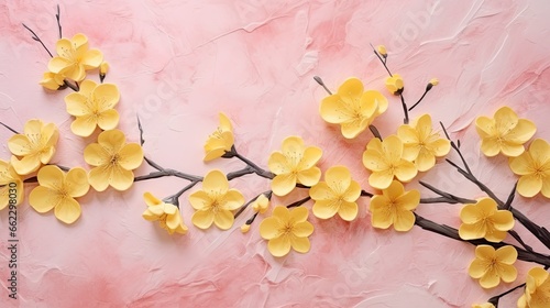  a branch of yellow flowers on a pink background with a pink backdrop.  generative ai
