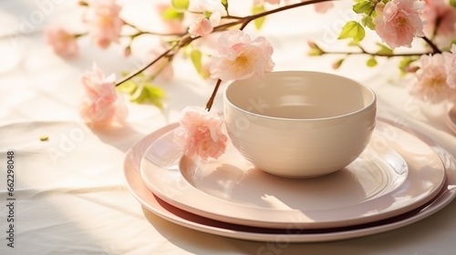  a white cup and saucer on a plate with pink flowers. generative ai