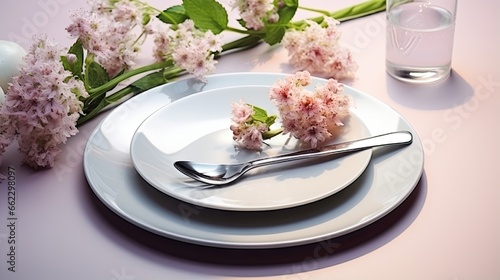  a white plate with a fork and some flowers on it. generative ai