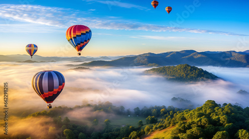 Colorful hot air balloons flying over mountain at Dot Inthanon in Chiang Mai, Thailand.  © Muhammad