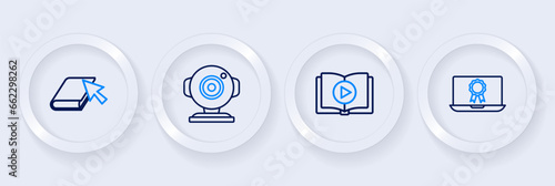 Set line Online education with diploma, Audio book, Web camera and icon. Vector