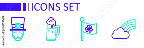Set line Rainbow with cloud, Ireland flag clover, Glass of beer and Leprechaun icon. Vector