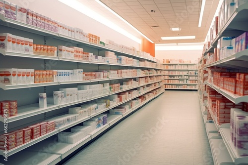 Empty medicine shelves during cold and flu season at a retail store. Generative AI photo