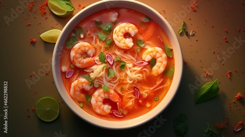  a bowl of shrimp noodle soup with limes and cilantro. generative ai