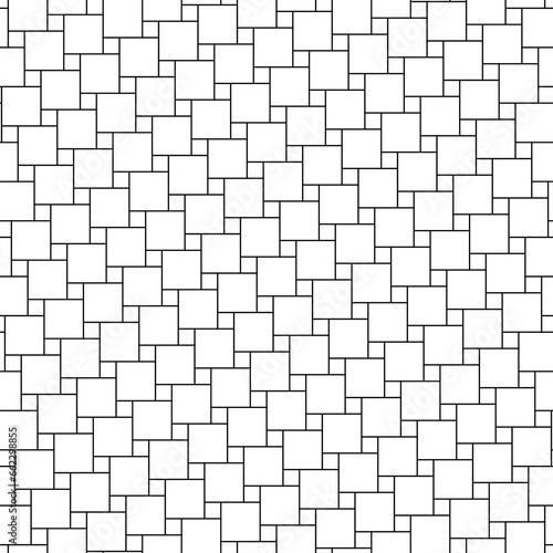 Pythagorean tiling. Squares tessellation vector. Repeated white checks sequence on black background. Seamless surface pattern design with polygons. Mosaic motif. Grid wallpaper. Digital paper.