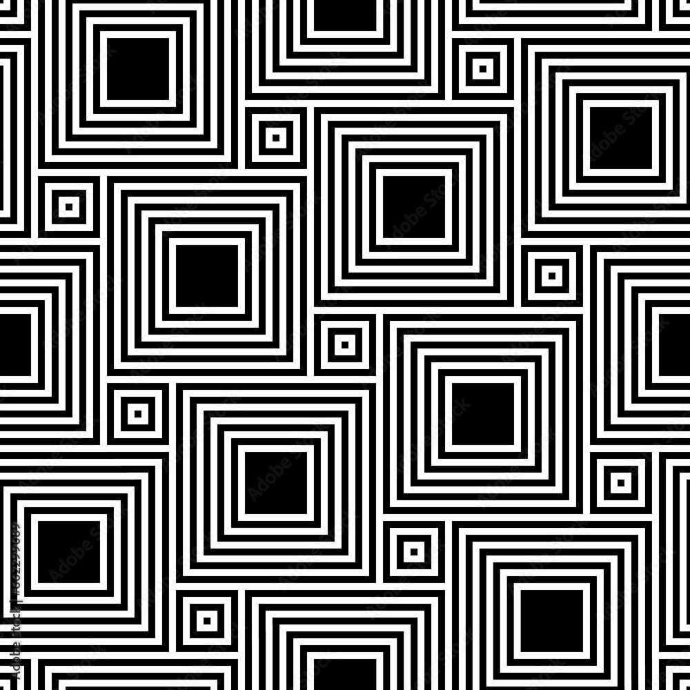 Pythagorean tiling. Seamless surface pattern design with flooring ornament. Squares tessellation vector. Repeated black checks on white background. Mosaic motif. Parquet wallpaper. Digital paper art. Pythagorean tiling. Seamless surface pattern design with flooring ornament. Squares tessellation vector. Repeated black checks on white background. Mosaic motif. Parquet wallpaper. Digital paper art.