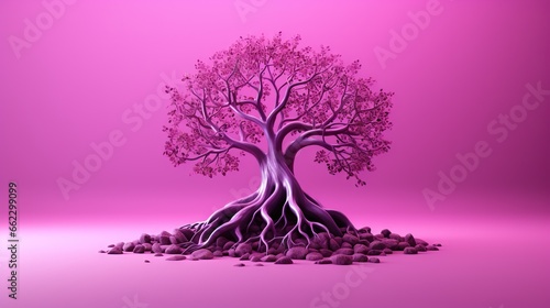  a tree with its roots growing out of rocks on a pink background.  generative ai © Shanti