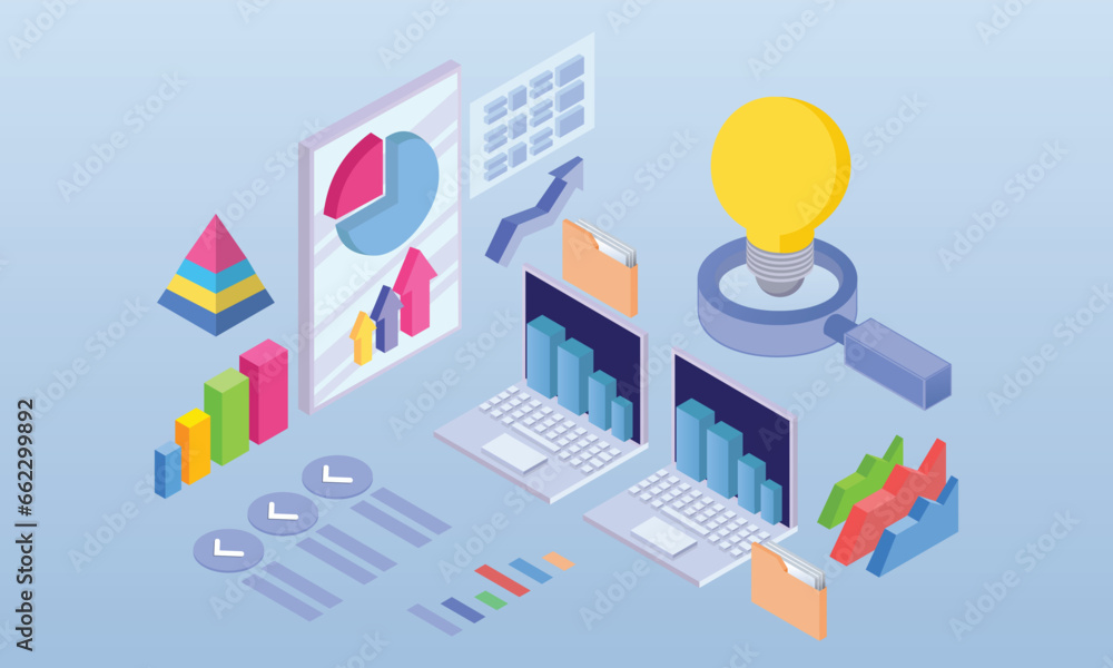 stock market analysis.on blue background.3D design.isometric vector design Illustration.