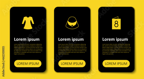 Set Greeting card with 8 March, Handbag and Woman dress. Business infographic template. Vector