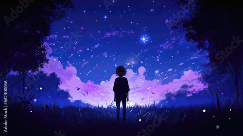 Night landscape with silhouette of girl and starry sky. Vector illustration