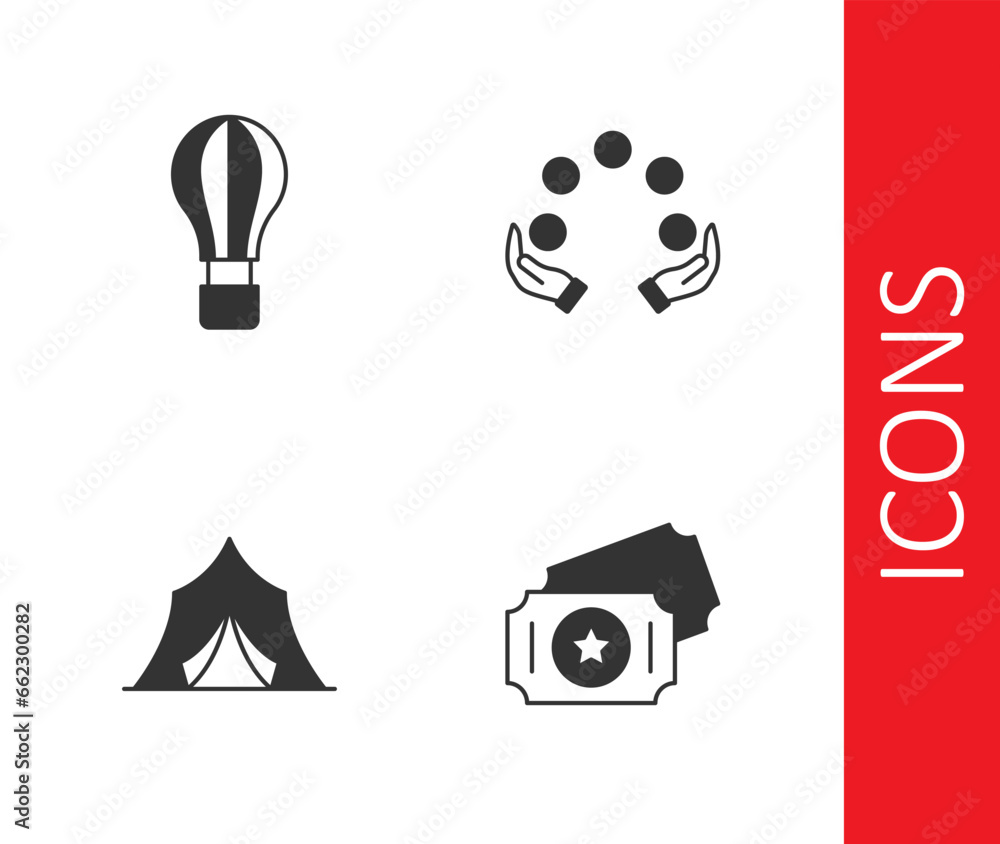 Set Circus ticket, Hot air balloon, tent and Juggling icon. Vector Set Circus ticket, Hot air balloon, tent and Juggling icon. Vector