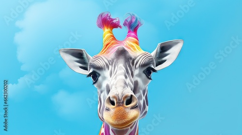  a close up of a giraffe s face with a sky background.  generative ai