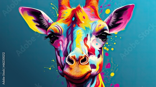  a painting of a giraffe's face with a blue background. generative ai