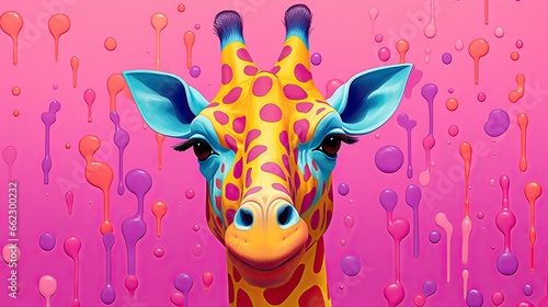  a painting of a giraffe's face with a pink background. generative ai