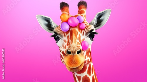  a close up of a giraffe's face with a pink background. generative ai