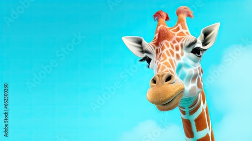  a close up of a giraffe s face with a sky background.  generative ai