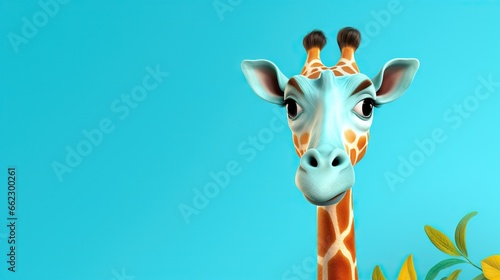  a close up of a giraffe's face with a blue background. generative ai