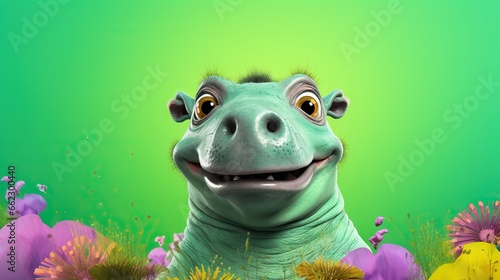  a cartoon picture of a smiling dinosaur in a field of flowers.  generative ai