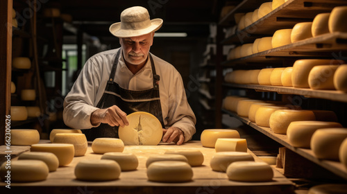 Cheesemaker is controlling the seasoning lots of wheels of parmesan cheese are maturing by ancient Italian tradition for many months on shelves of a storehouse in a cheese factory. photo