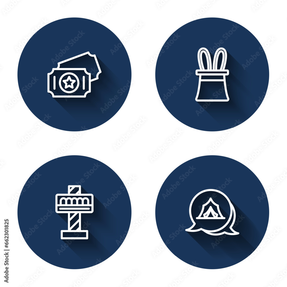 Set line Circus ticket, Magician hat and rabbit ears, Attraction carousel and tent with long shadow. Blue circle button. Vector Set line Circus ticket, Magician hat and rabbit ears, Attraction carousel and tent with long shadow. Blue circle button. Vector
