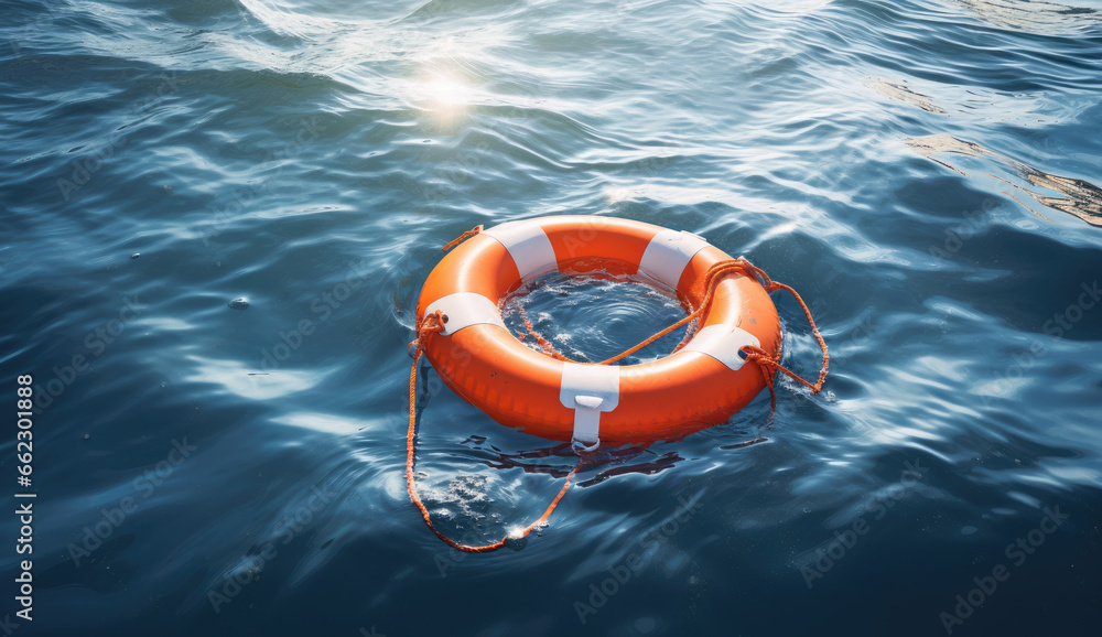 Safety equipment. Orange lifebuoy in the blue sea